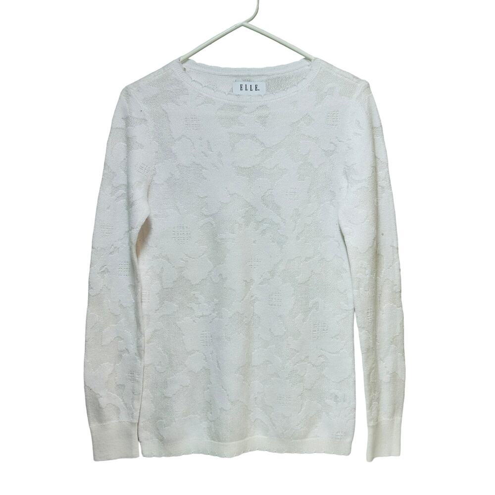 ELLE Womens Textured Floral Knit Sweater Long Sleeve Crew‎ Neck White Size Small